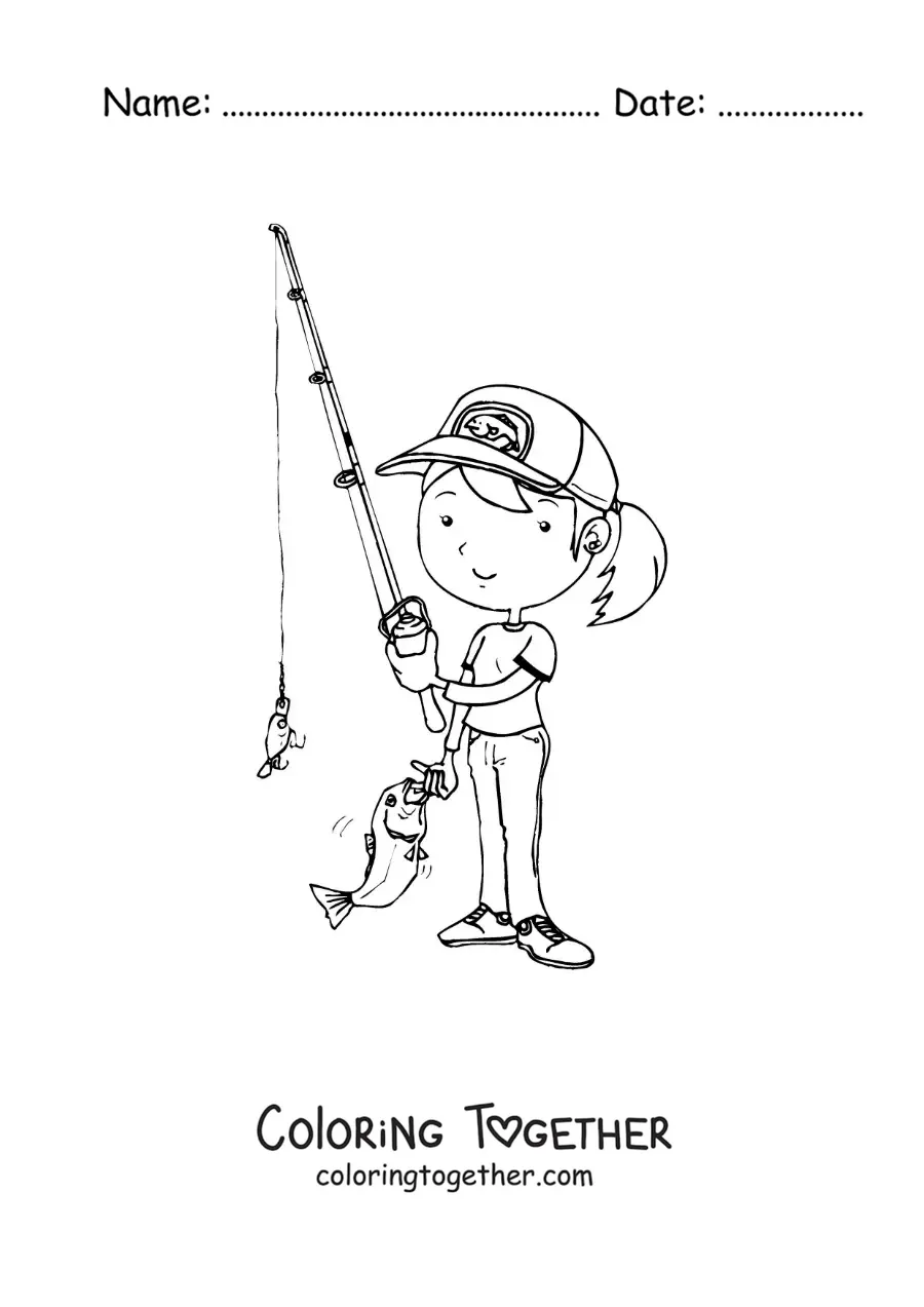 Coloring page of a cartoon girl catching a fish with a rod