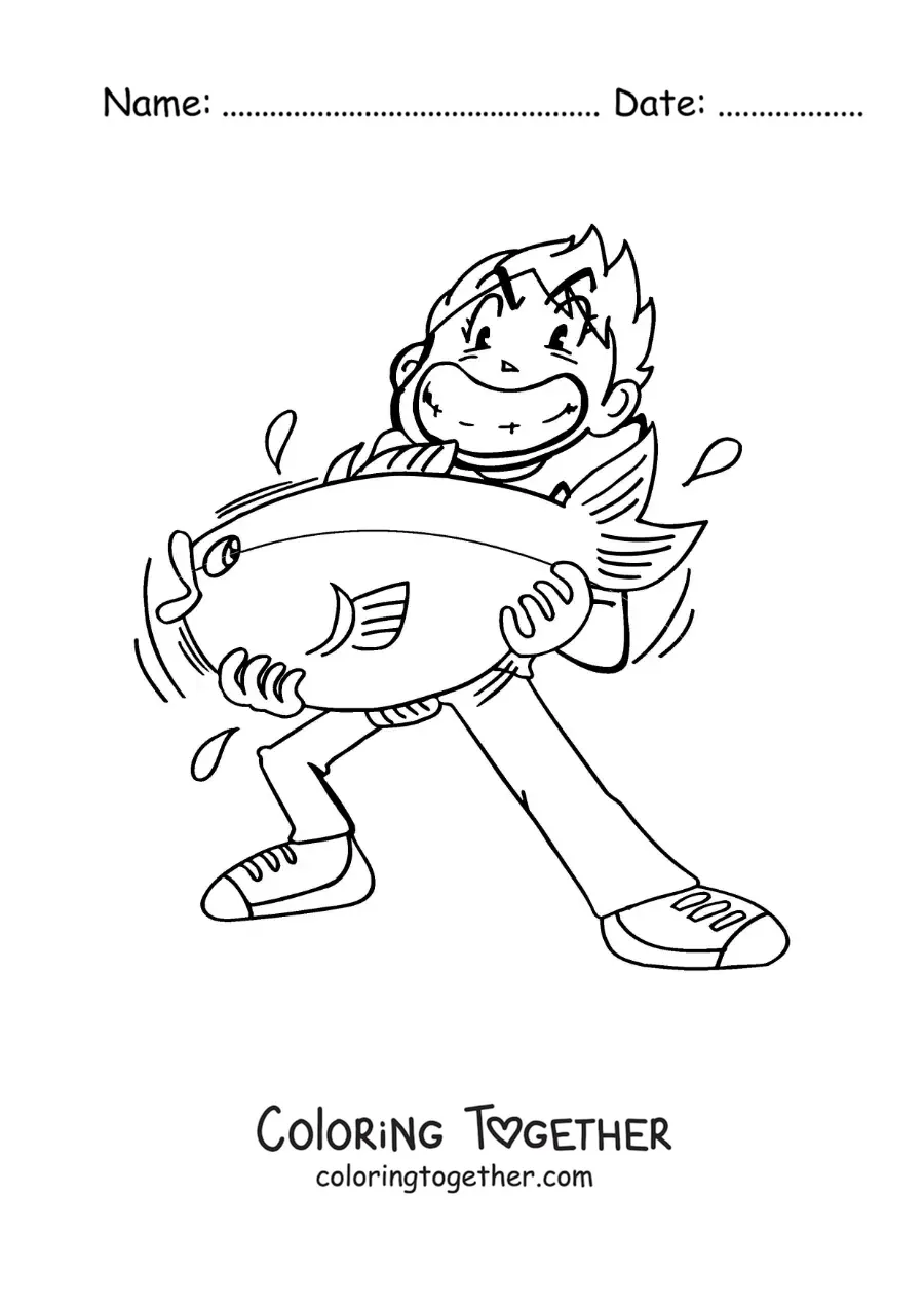 Coloring page of a cartoon of a fisherman who caught a fish