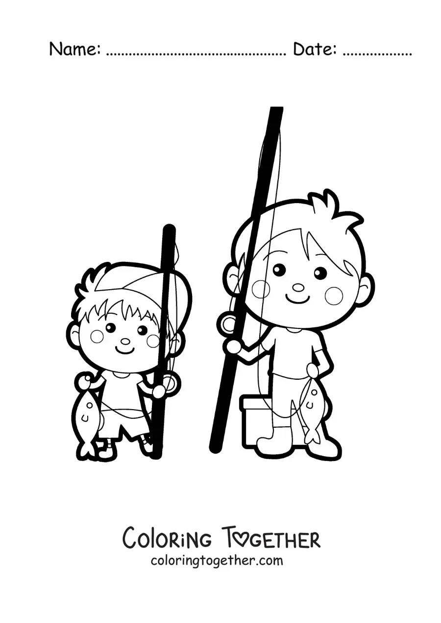 Coloring page of a cute fisher dad fishing with his son