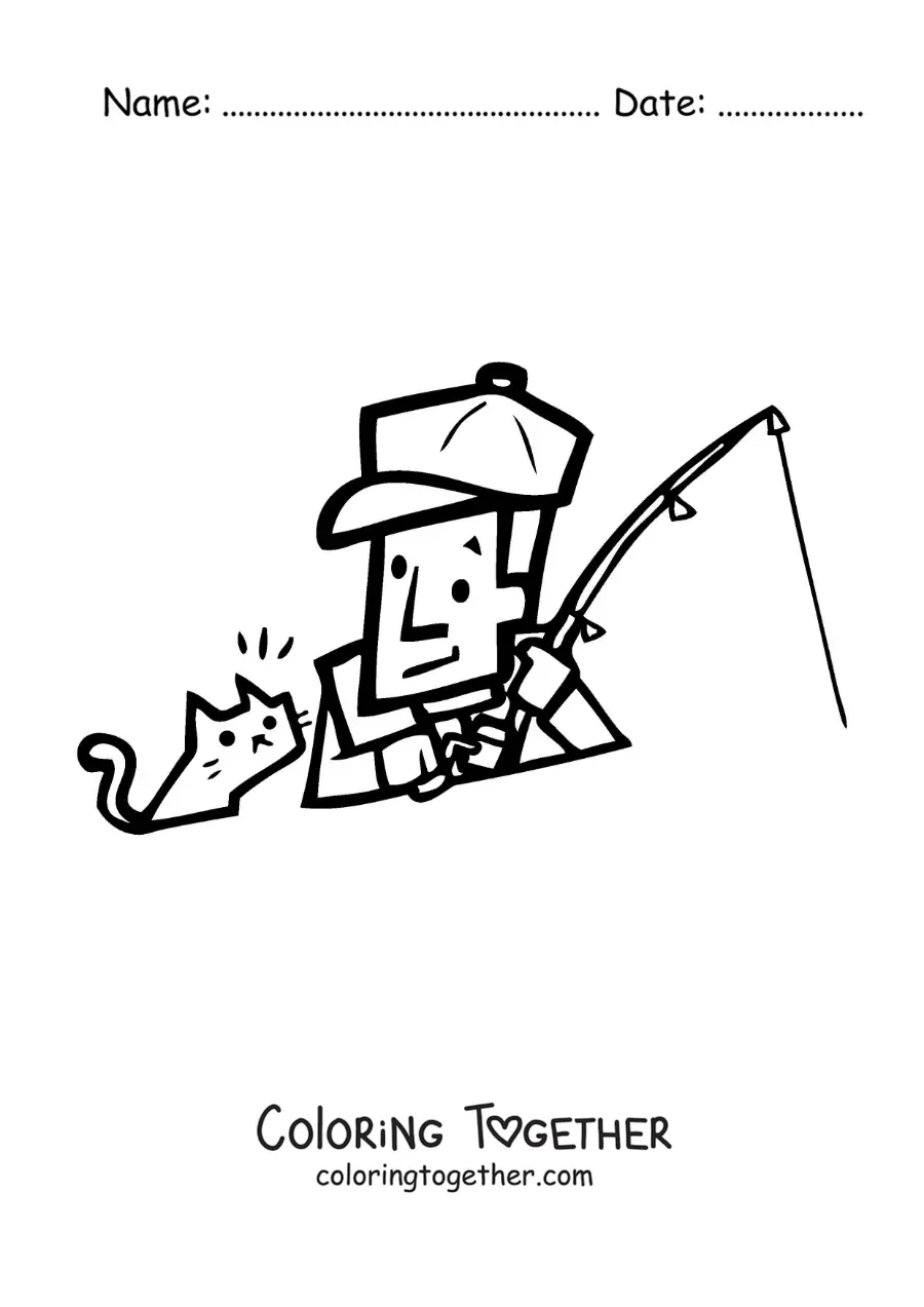 Coloring page of a cartoon of a fisherman with his cat