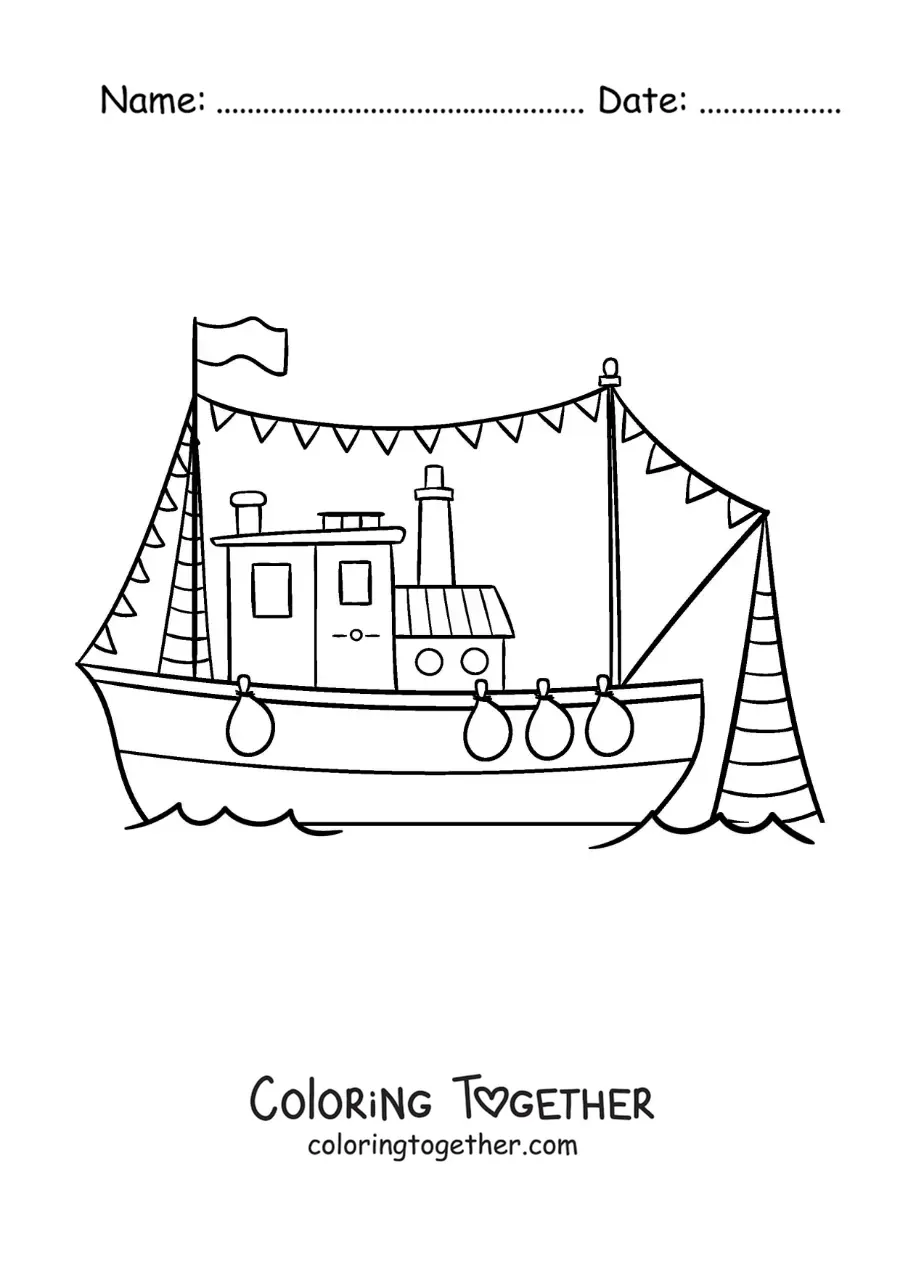 Coloring page of a fishing boat