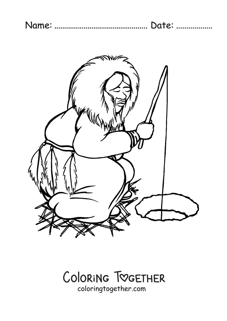 Coloring page of an Inuit woman fishing