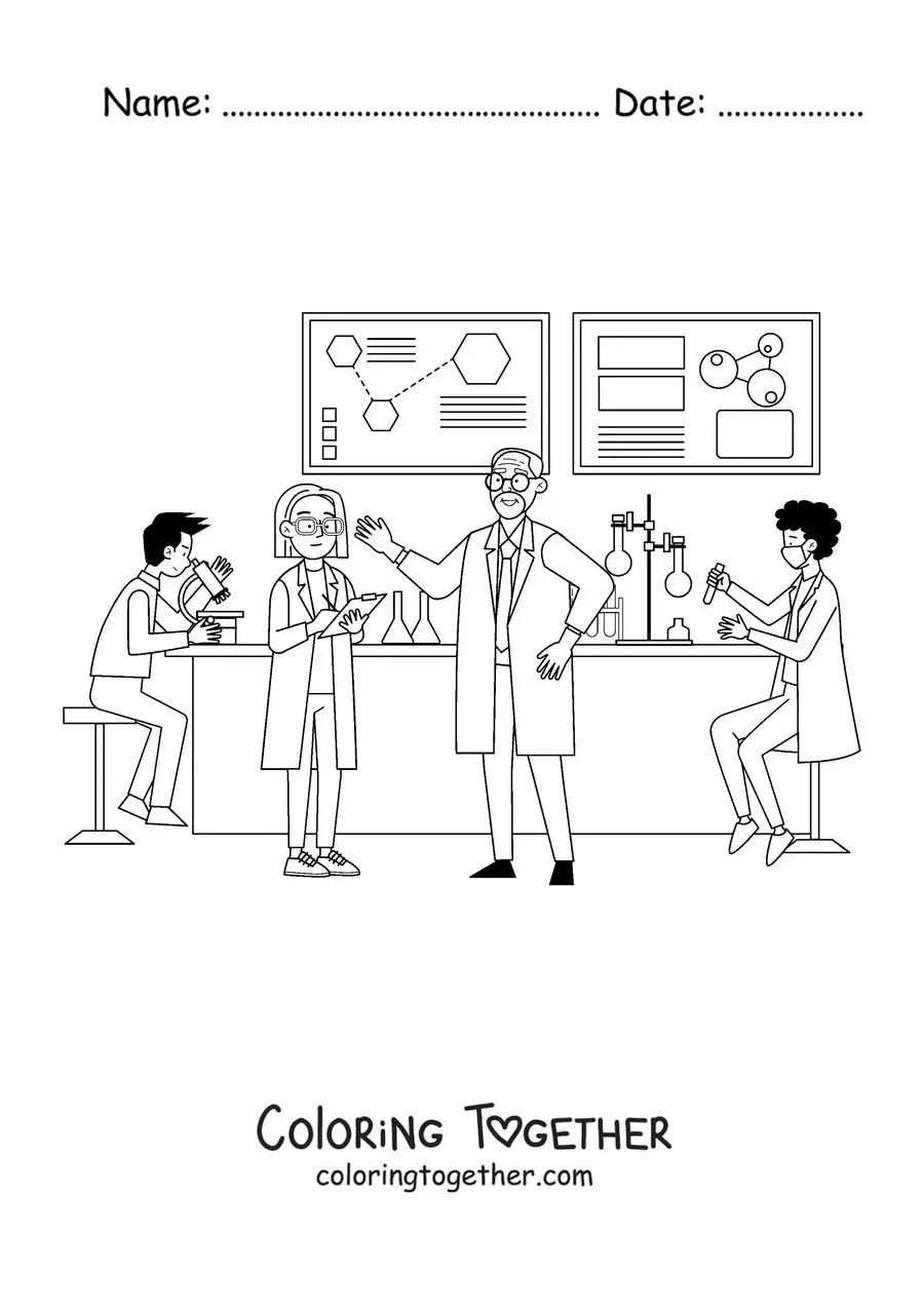 Coloring page of several scientists in a laboratory