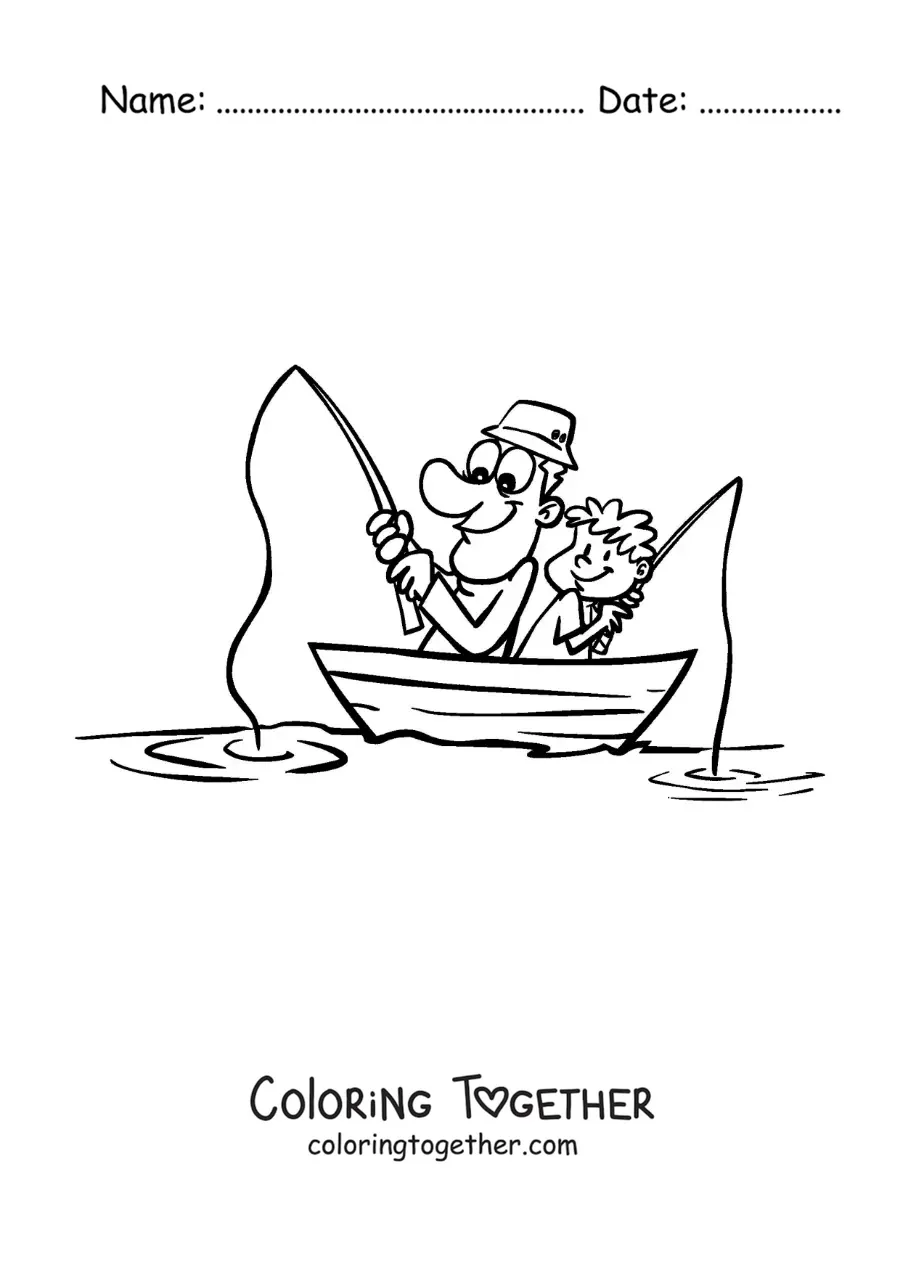 Coloring page of a cartoon of a fisherman with his son in a boat