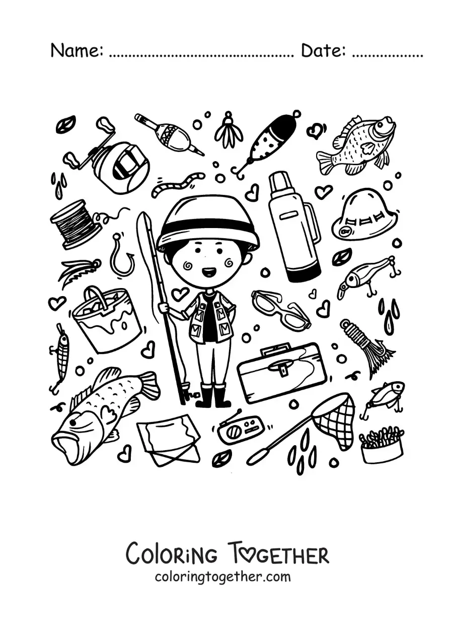 Coloring page of a cartoon fisherman with fishing gear