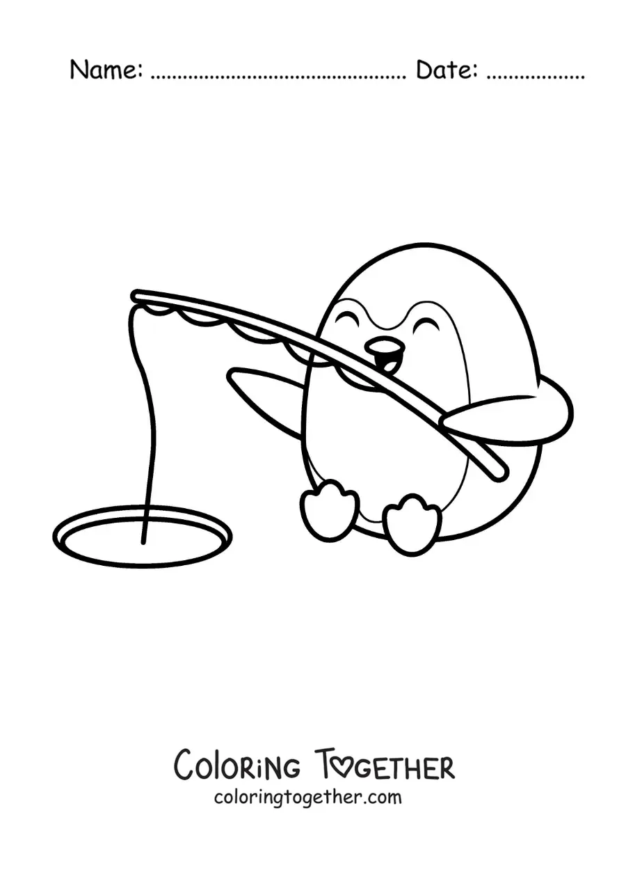 Coloring page of a cartoon penguin fishing