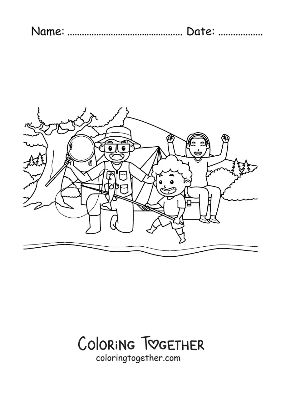 Coloring page of a cartoon family fishing in a river