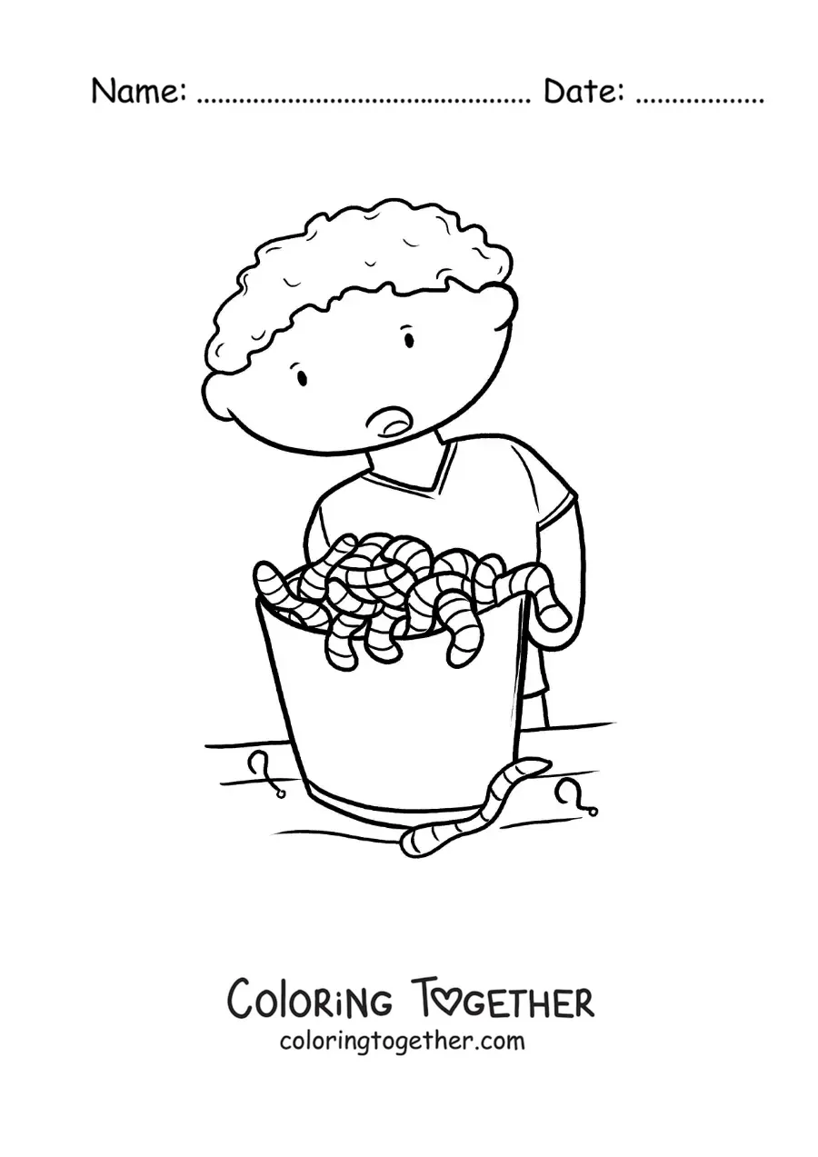 Coloring page of a boy next to a bucket of fishing bait