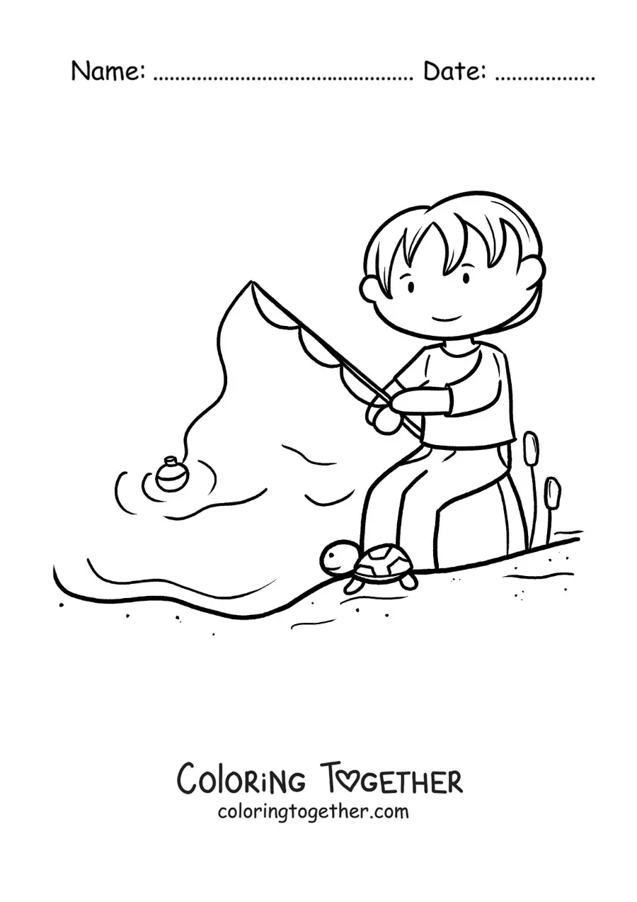 Coloring page of a boy fishing with a rod in a lake
