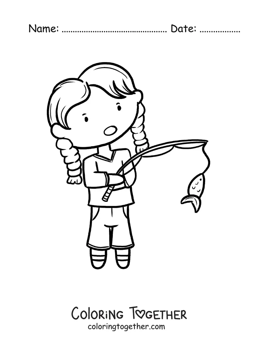 Coloring page of a girl catching a fish with a rod