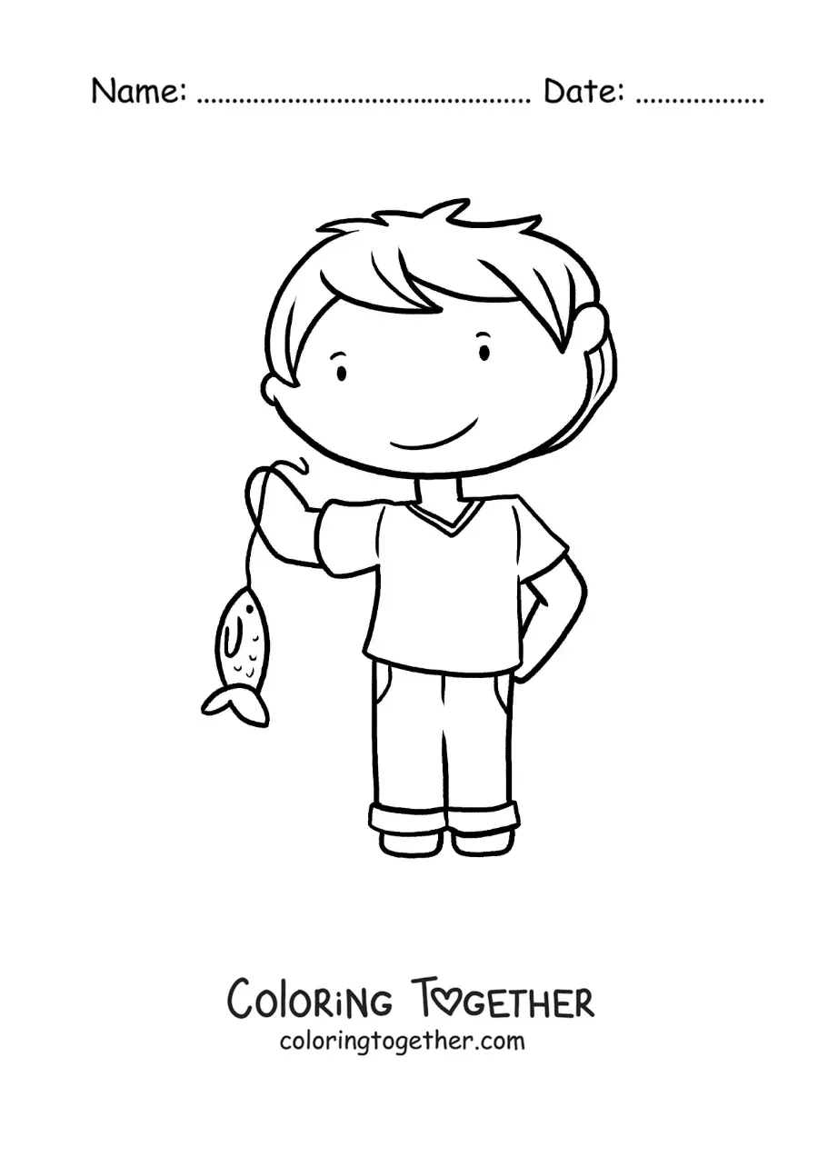 Coloring page of a boy with a fish he caught