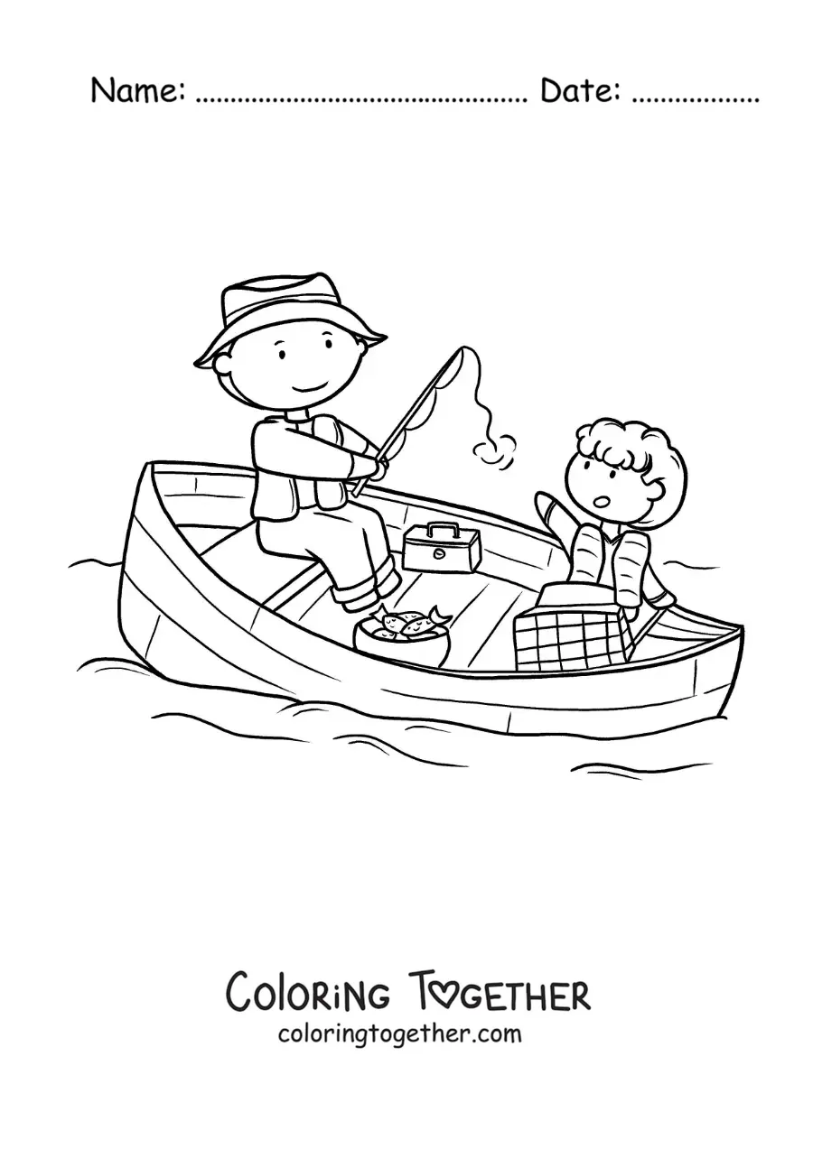 Coloring page of a father and his son fishing in a boat