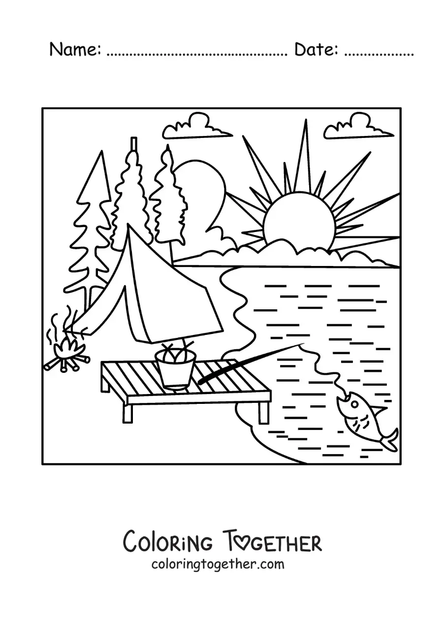 Coloring page of a fishing rod at a campsite