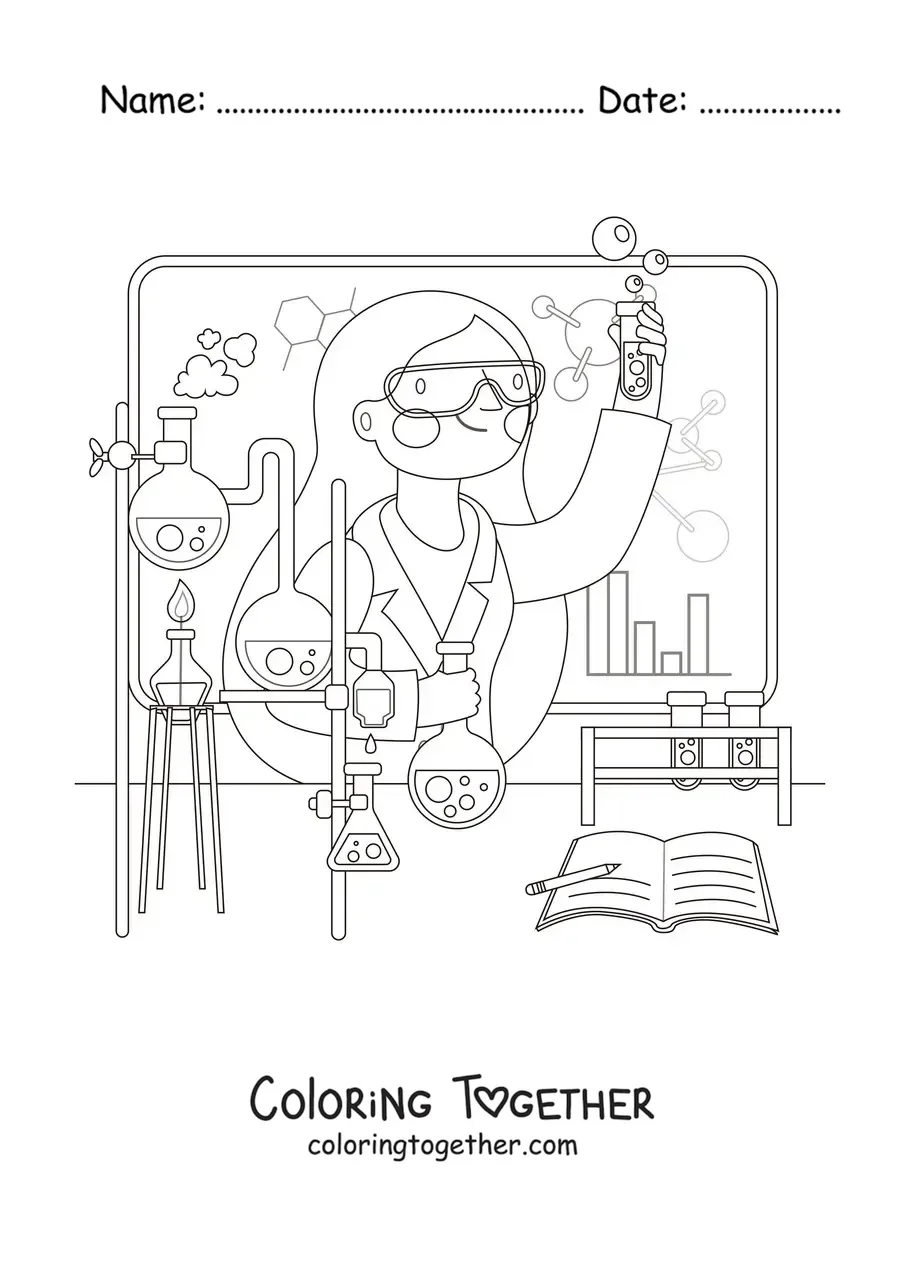 Coloring page of a woman scientist doing experiments