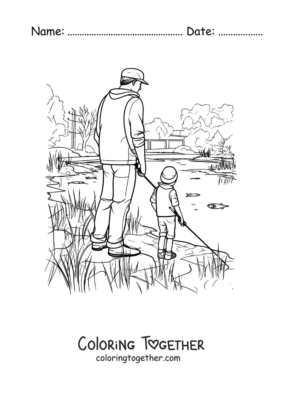 Coloring page of a father and his son fishing in a lake in realistic style