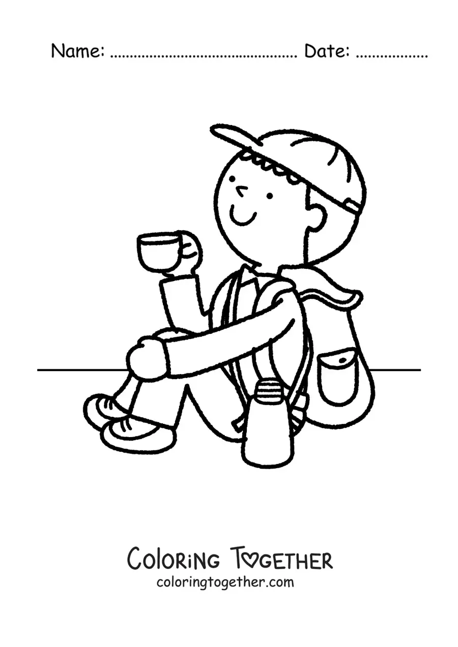 Coloring page of a hiker with his backpack drinking coffee