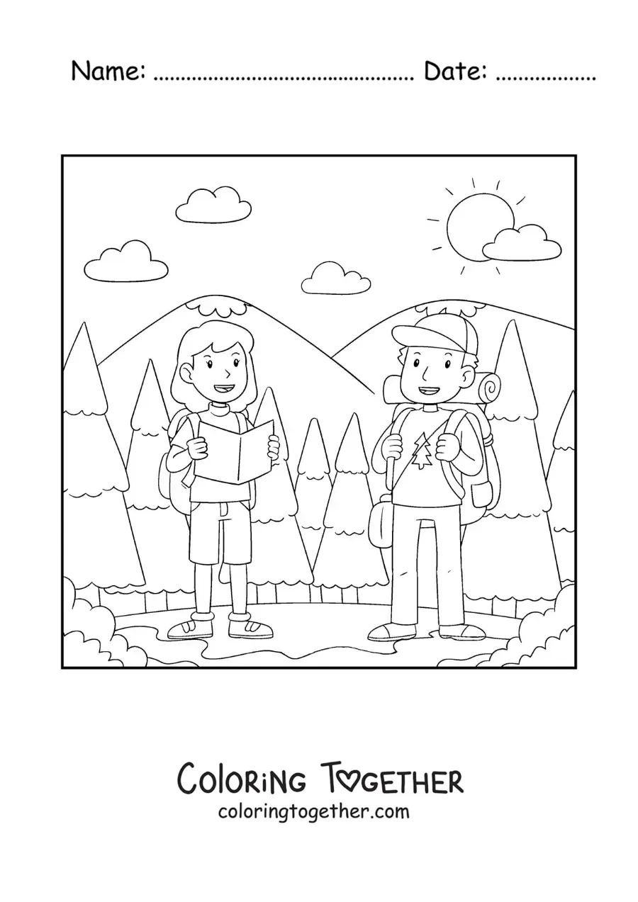 Coloring page of a couple of hikers on a mountain walk
