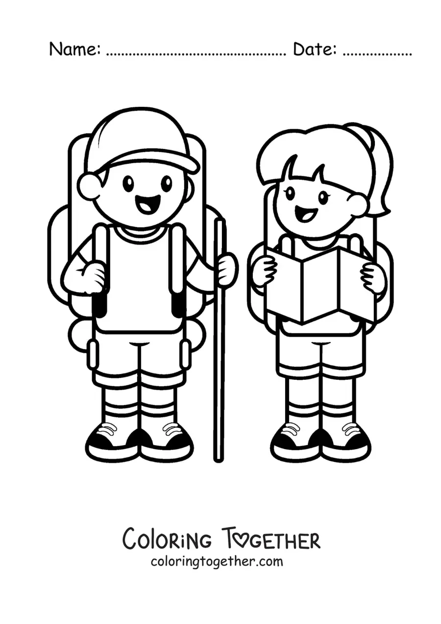 Coloring page of a cute couple of hikers with backpacks
