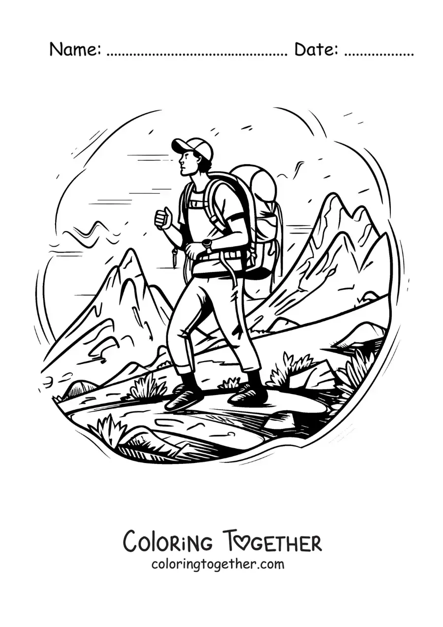 Coloring page of a hiker boy on the mountain