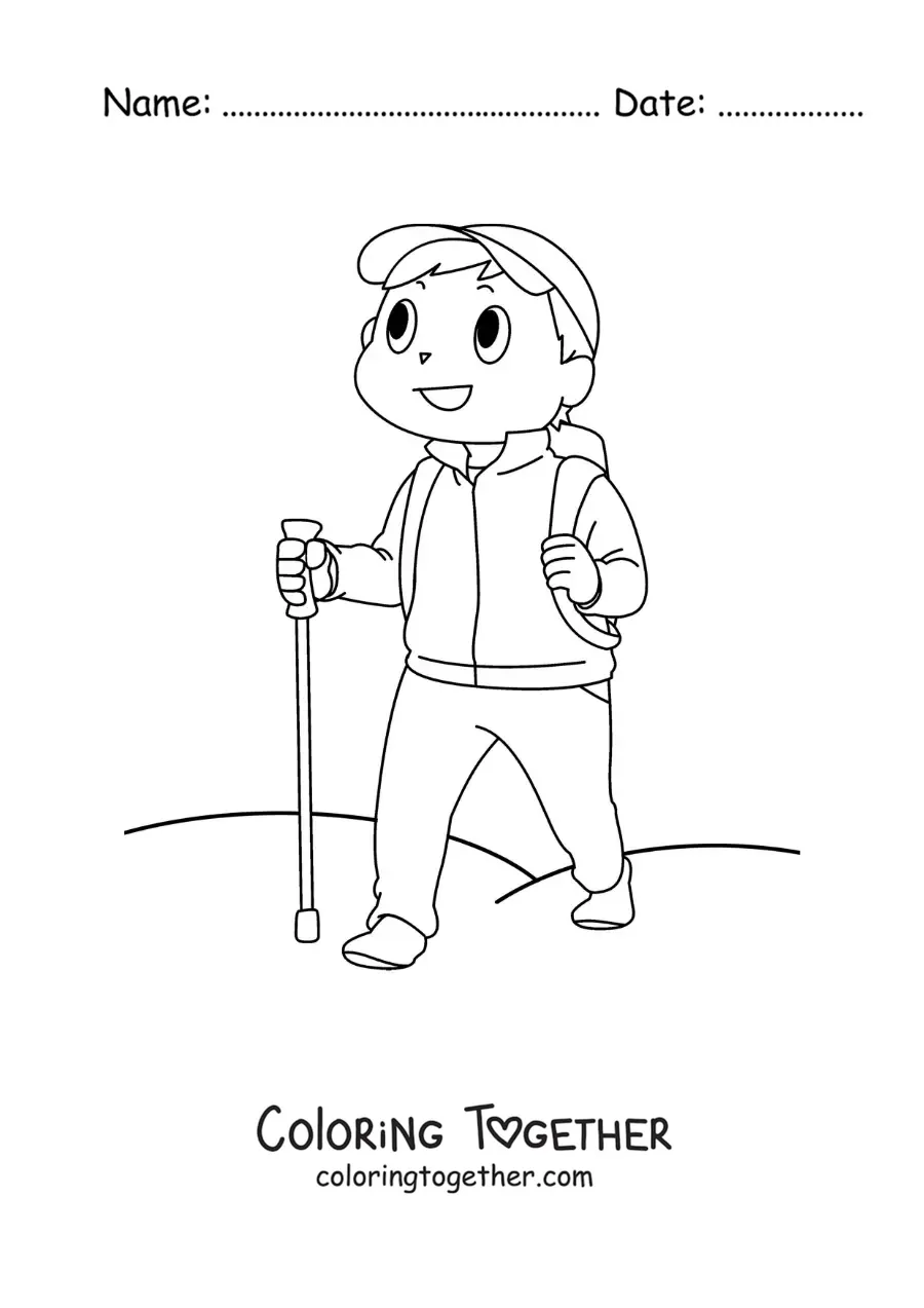 Coloring page of a young hiker