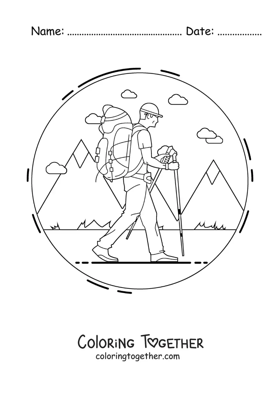Coloring page of a hiker trekking with a backpack