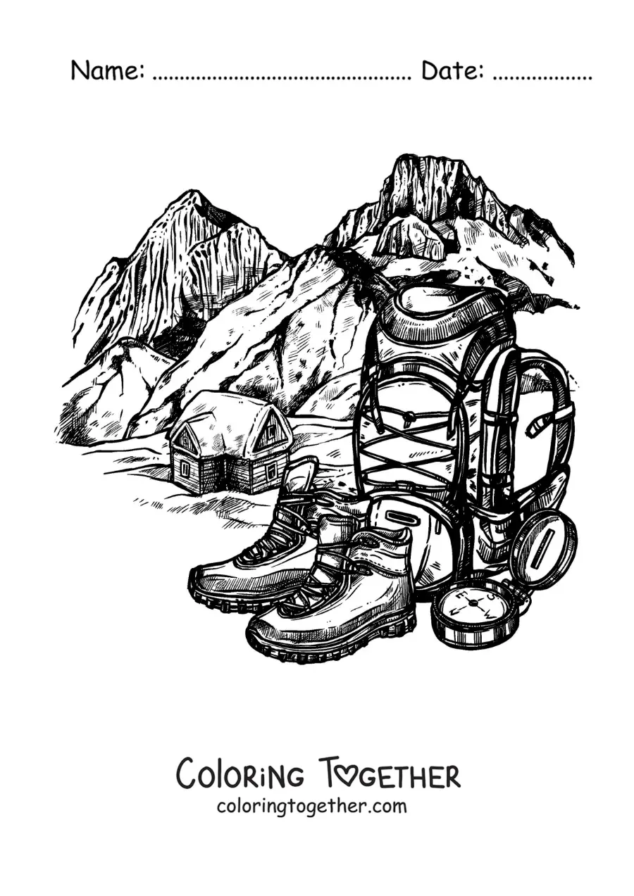 Coloring page of a backpack and a pair of climbing boots