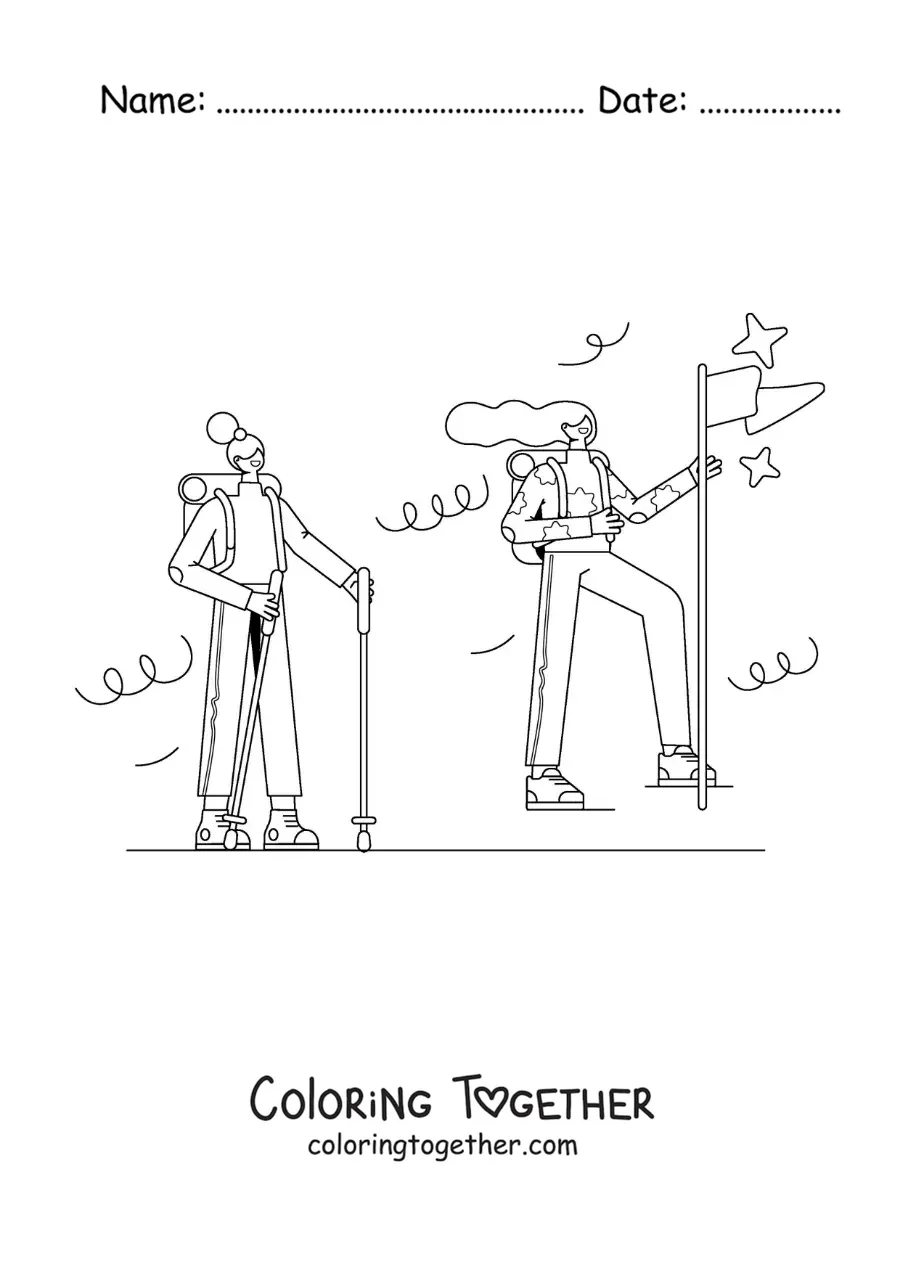 Coloring page of two girls trekking
