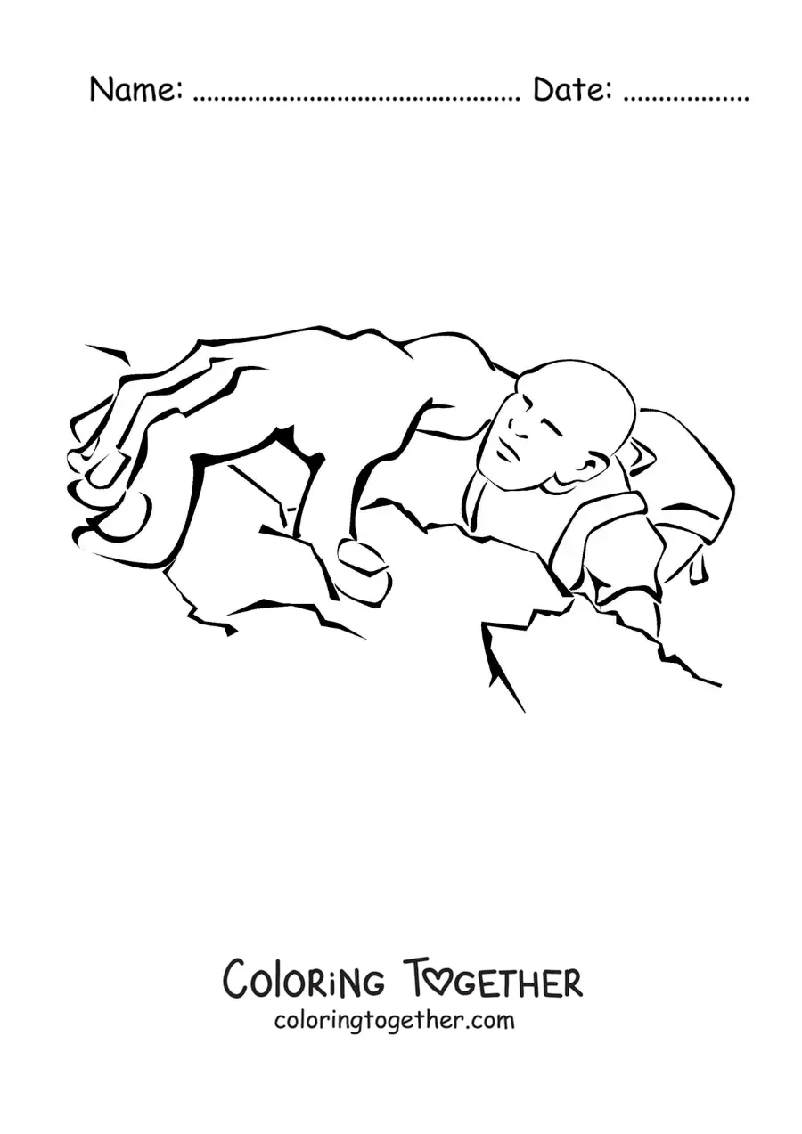 Coloring page of a hiker climbing to the summit