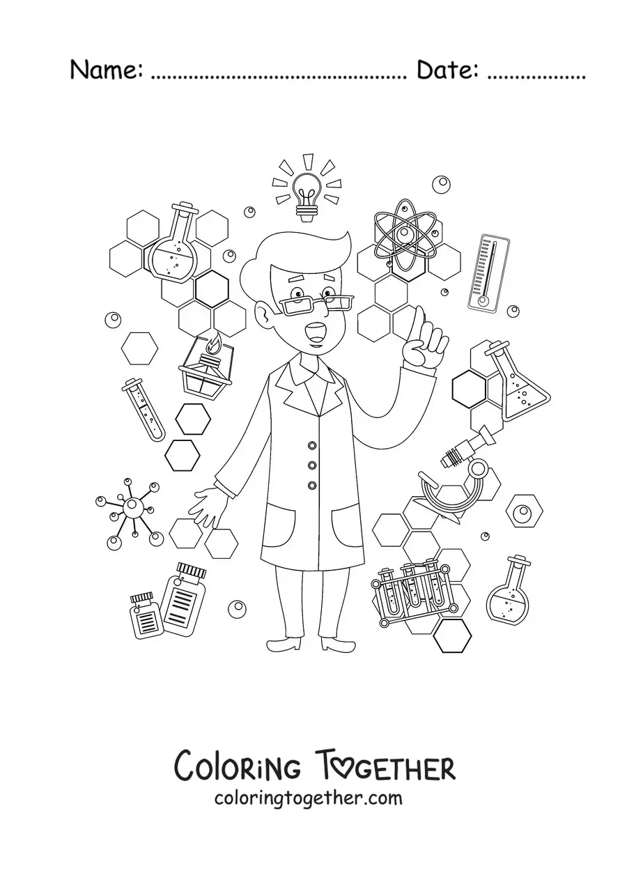 Coloring page of a cartoon scientist surrounded by scientific instruments