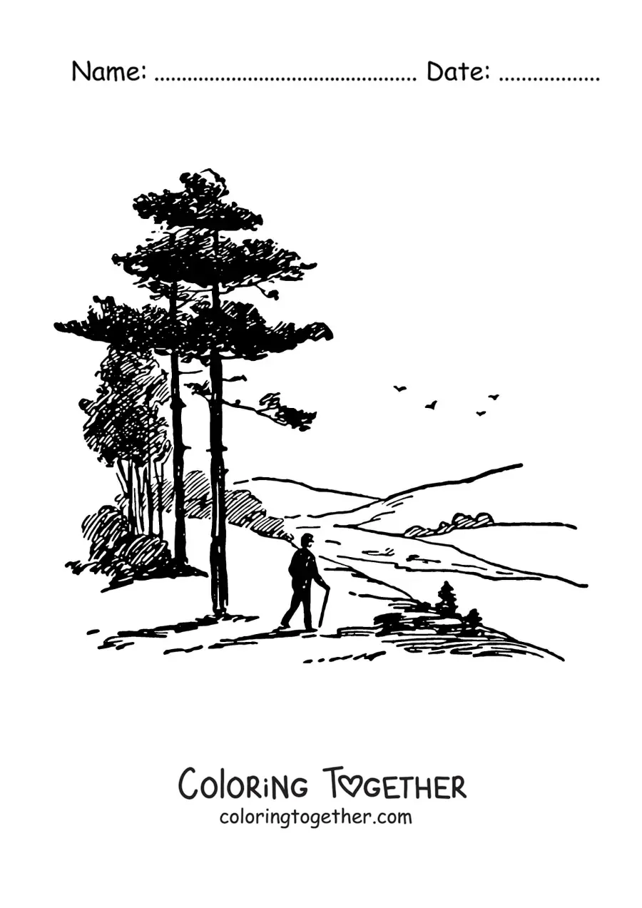 Coloring page of the silhouette of a hiker in the mountains
