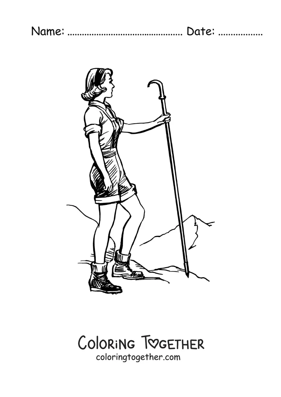 Coloring page of a hiker girl on a walk