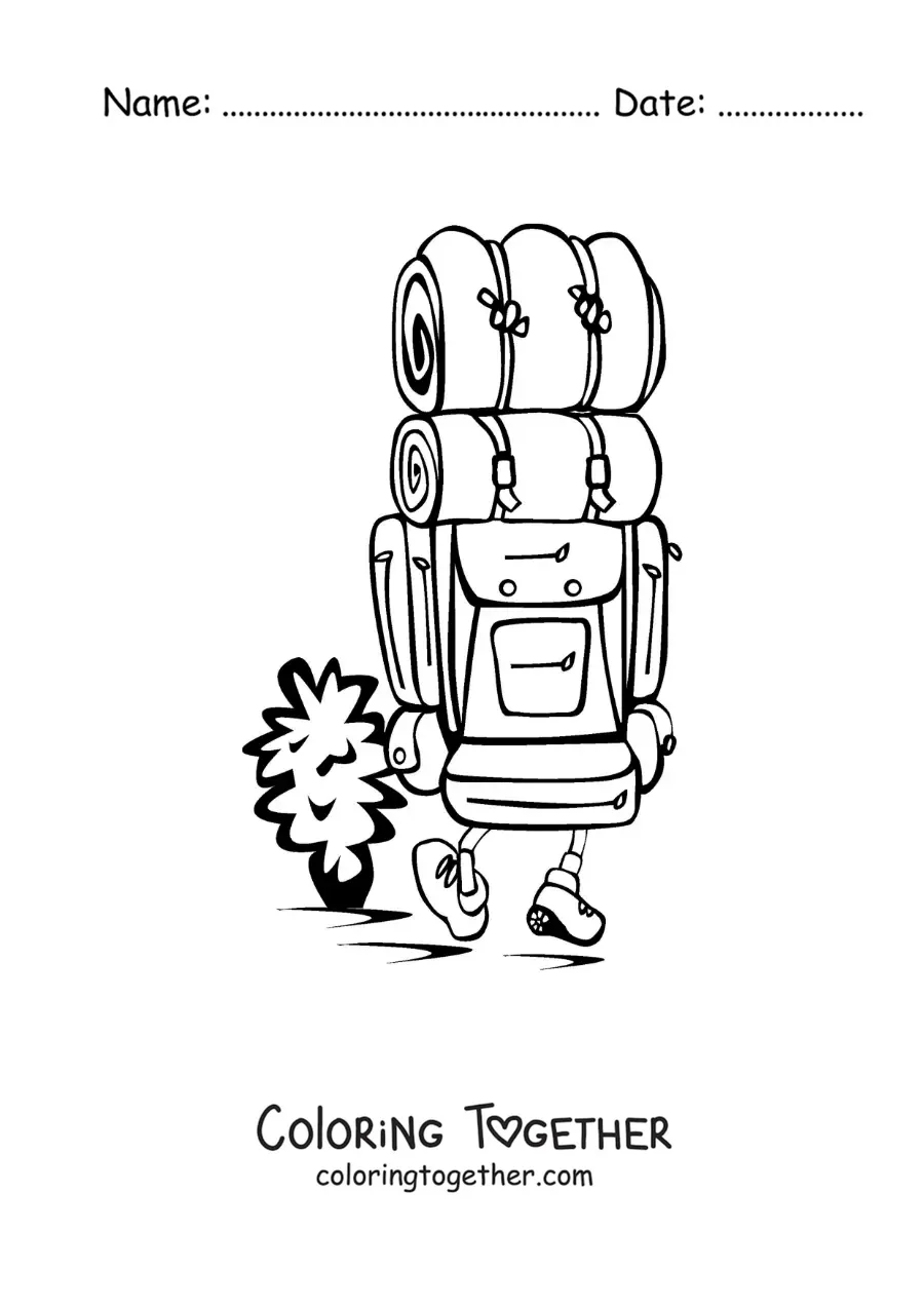 Coloring page of a hiker walking with a camping backpack