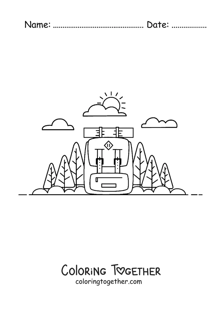 Coloring page of a backpack for hiking in nature