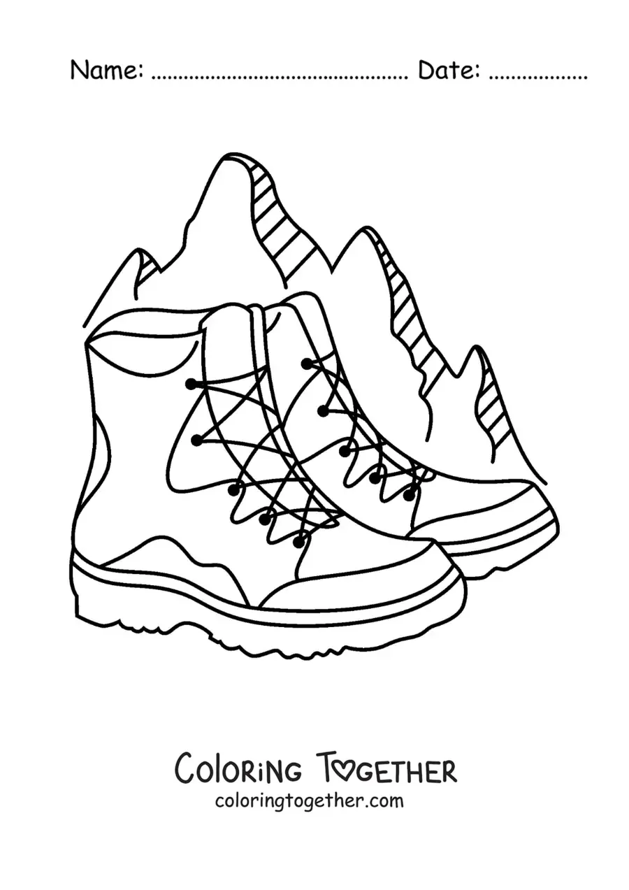 Coloring page of a pair of climbing boots in the mountains