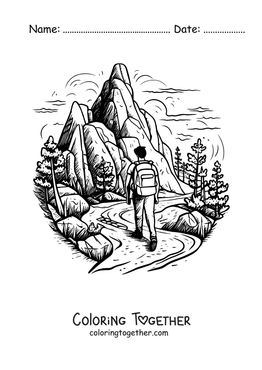 Coloring page of a hiker walking through the mountains