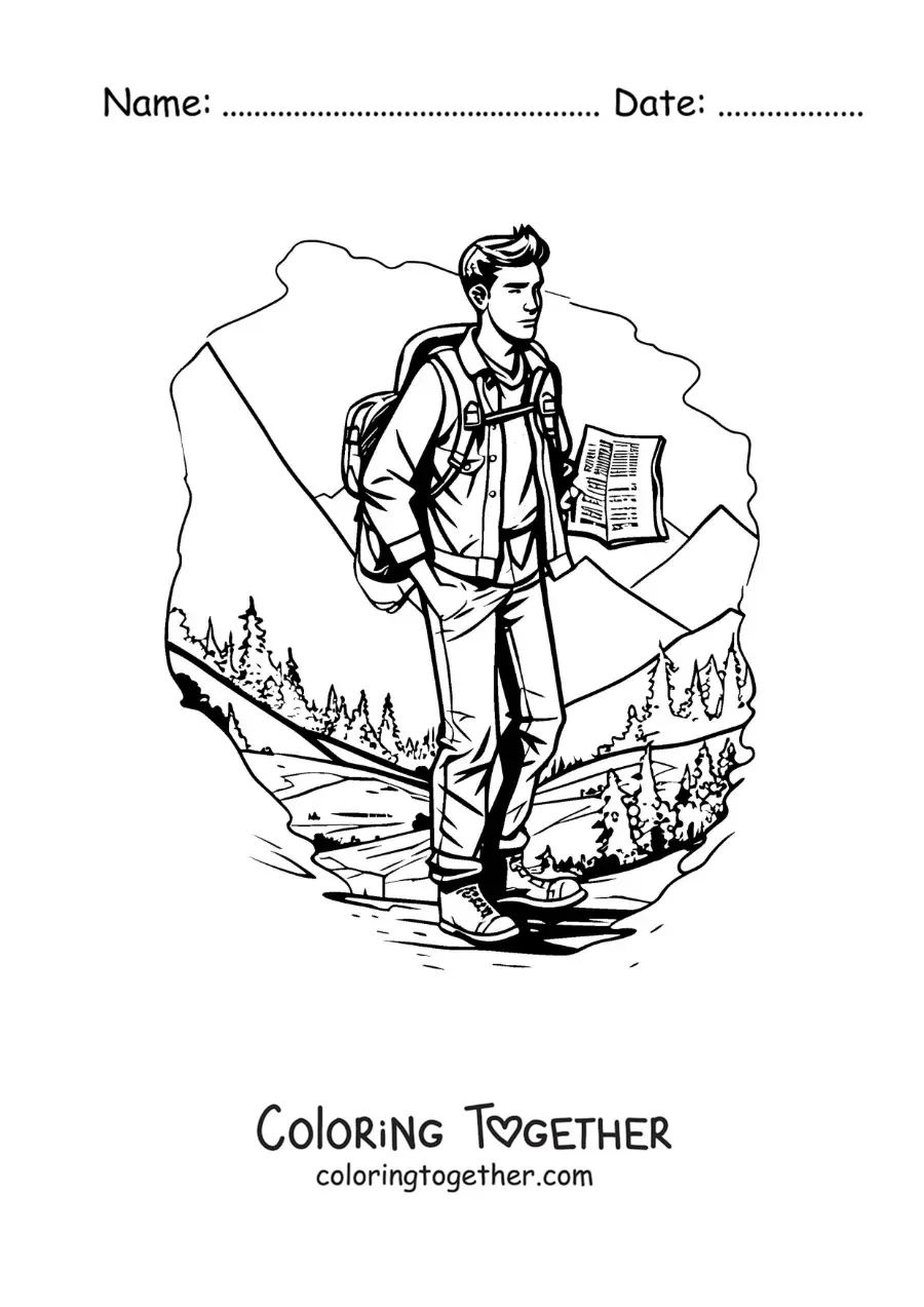Coloring page of a boy on a hike among the mountains in realistic style