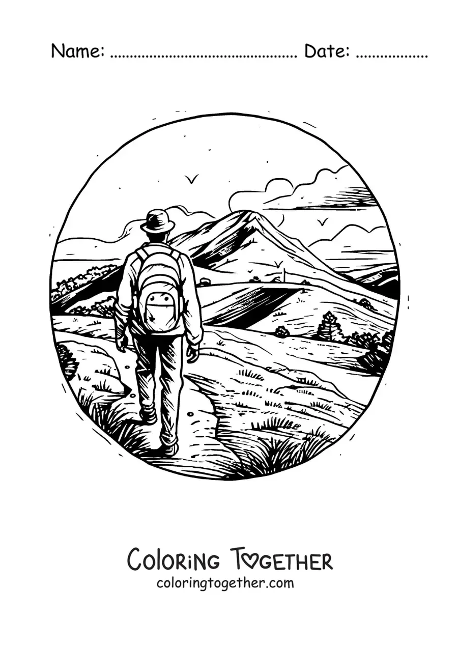 Coloring page of an adventure hiker in the mountains