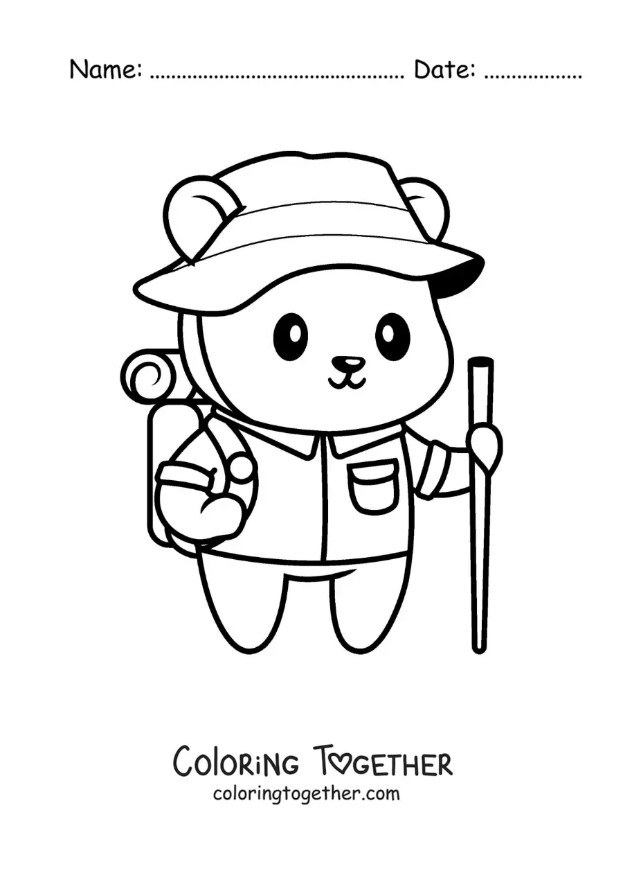 Coloring page of a cute hiker bear