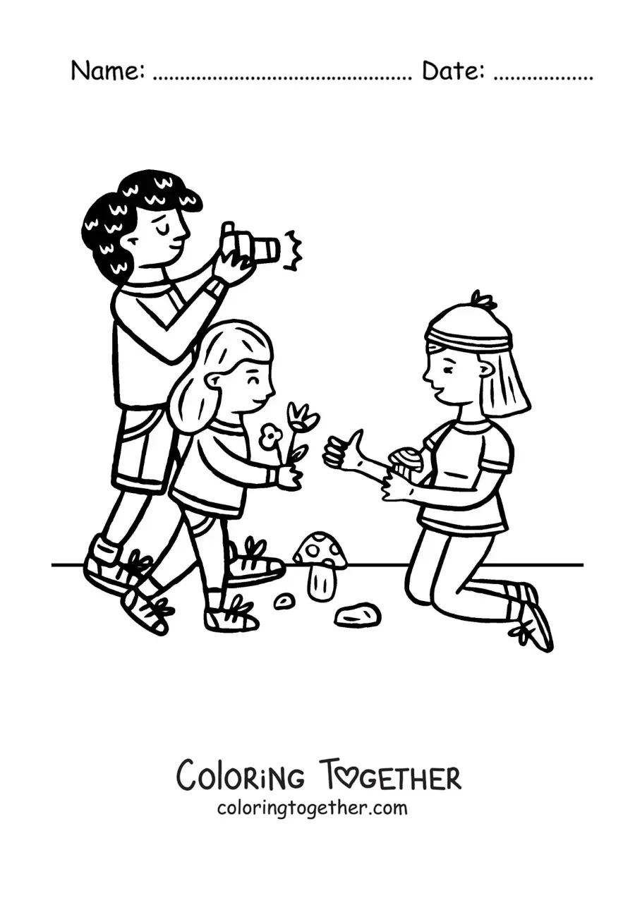 Coloring page of a family on a walk photographing nature