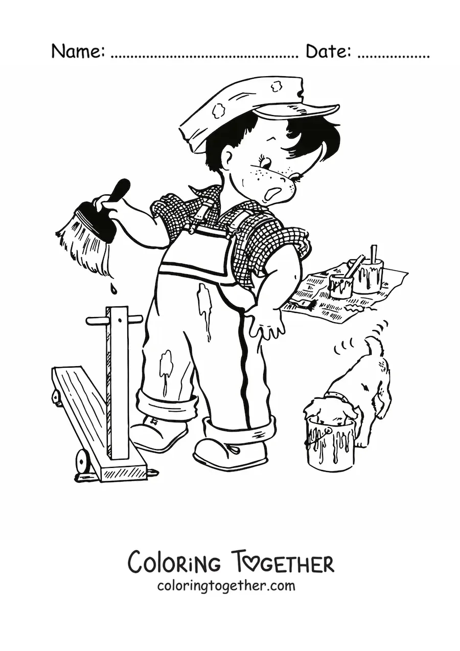 Coloring page of a scared boy holding a paintbrush next to a puppy eating paint