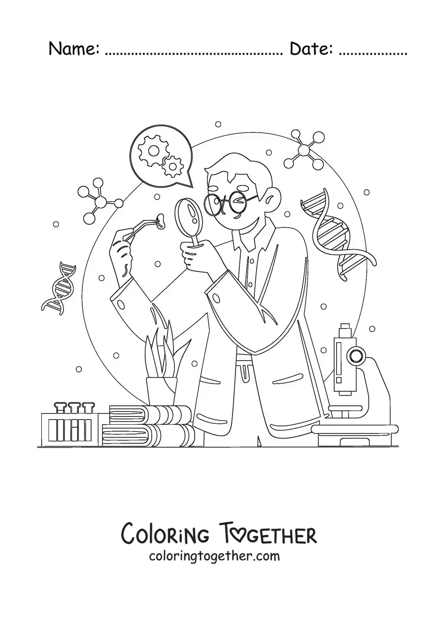 Coloring page of a scientist doing experiments