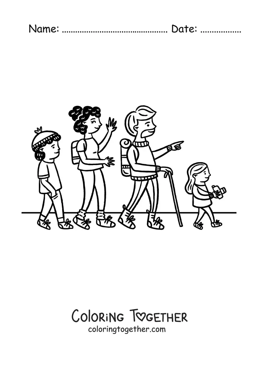 Coloring page of a family hiking on a walk