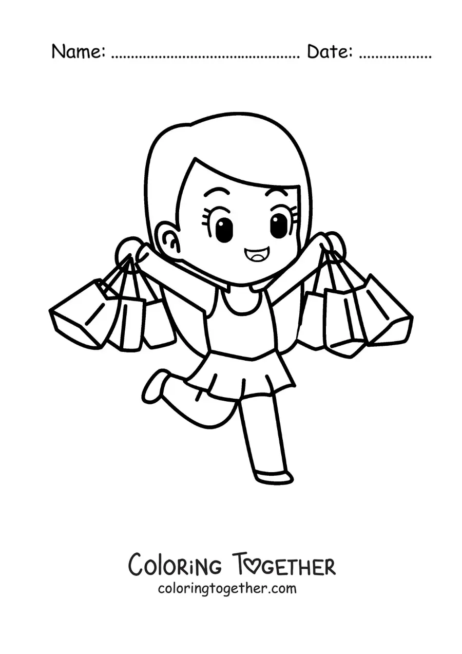 Coloring page of a cute girl in a dress with her shopping bags