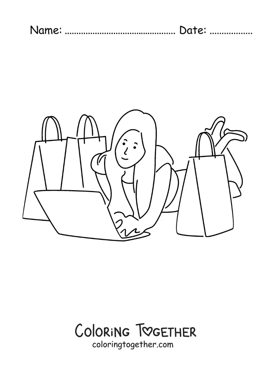 Coloring page of a girl buying lots of clothes online on her laptop