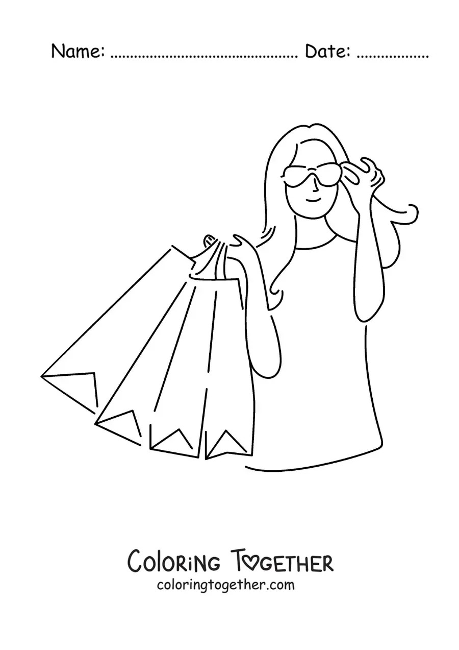 Coloring page of a girl shopping with her sunglasses
