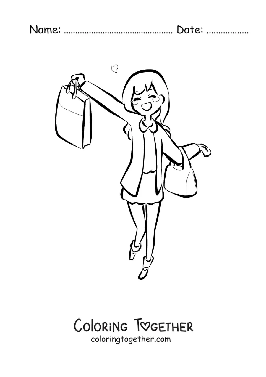 Coloring page of an anime style girl shopping with her bags