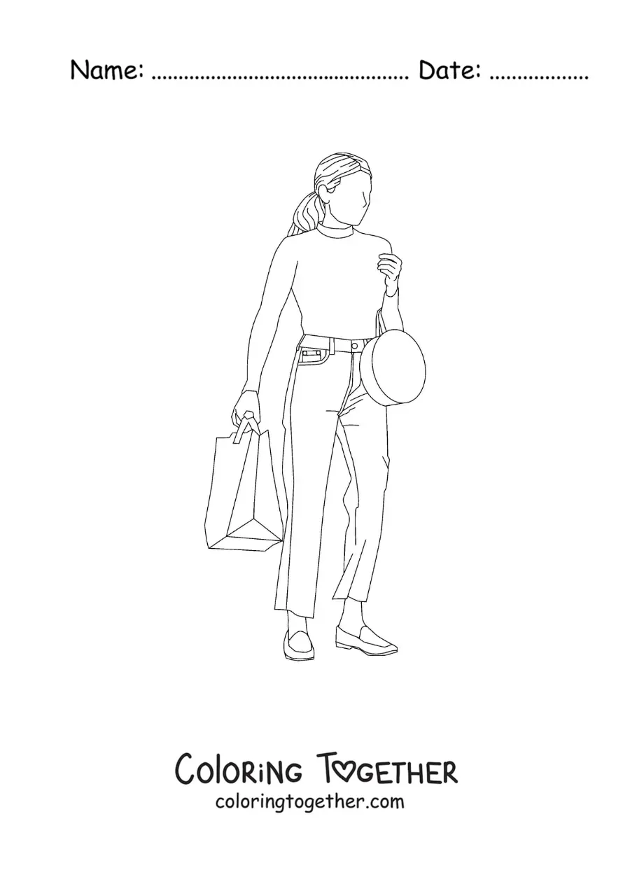 Coloring page of the silhouette of a woman with clothing bags