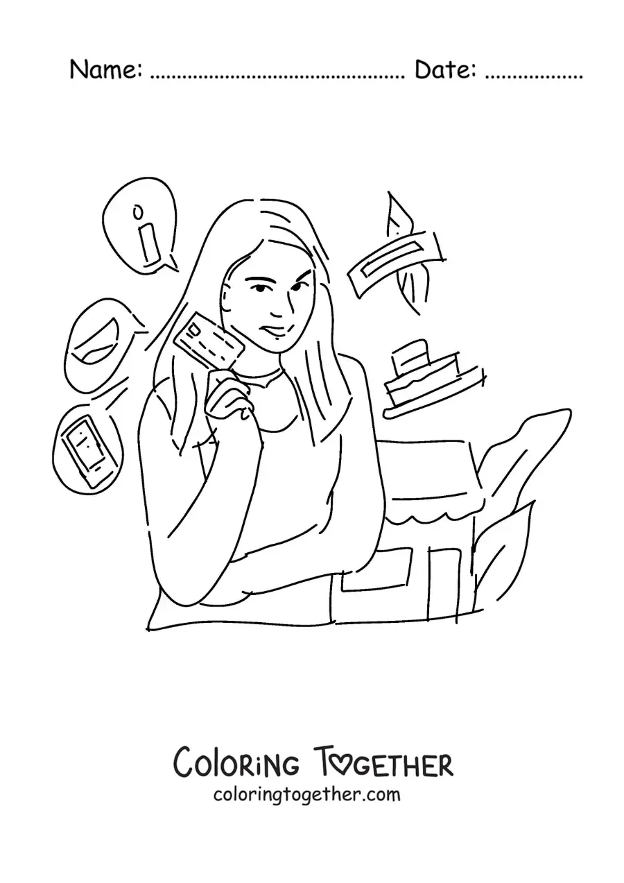 Coloring page of a woman with her credit card ready to go shopping
