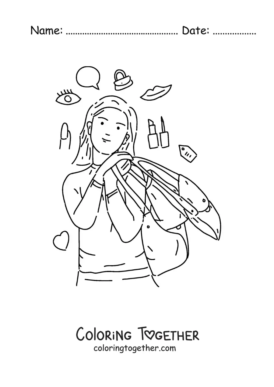 Coloring page of a girl with bags thinking about buying makeup