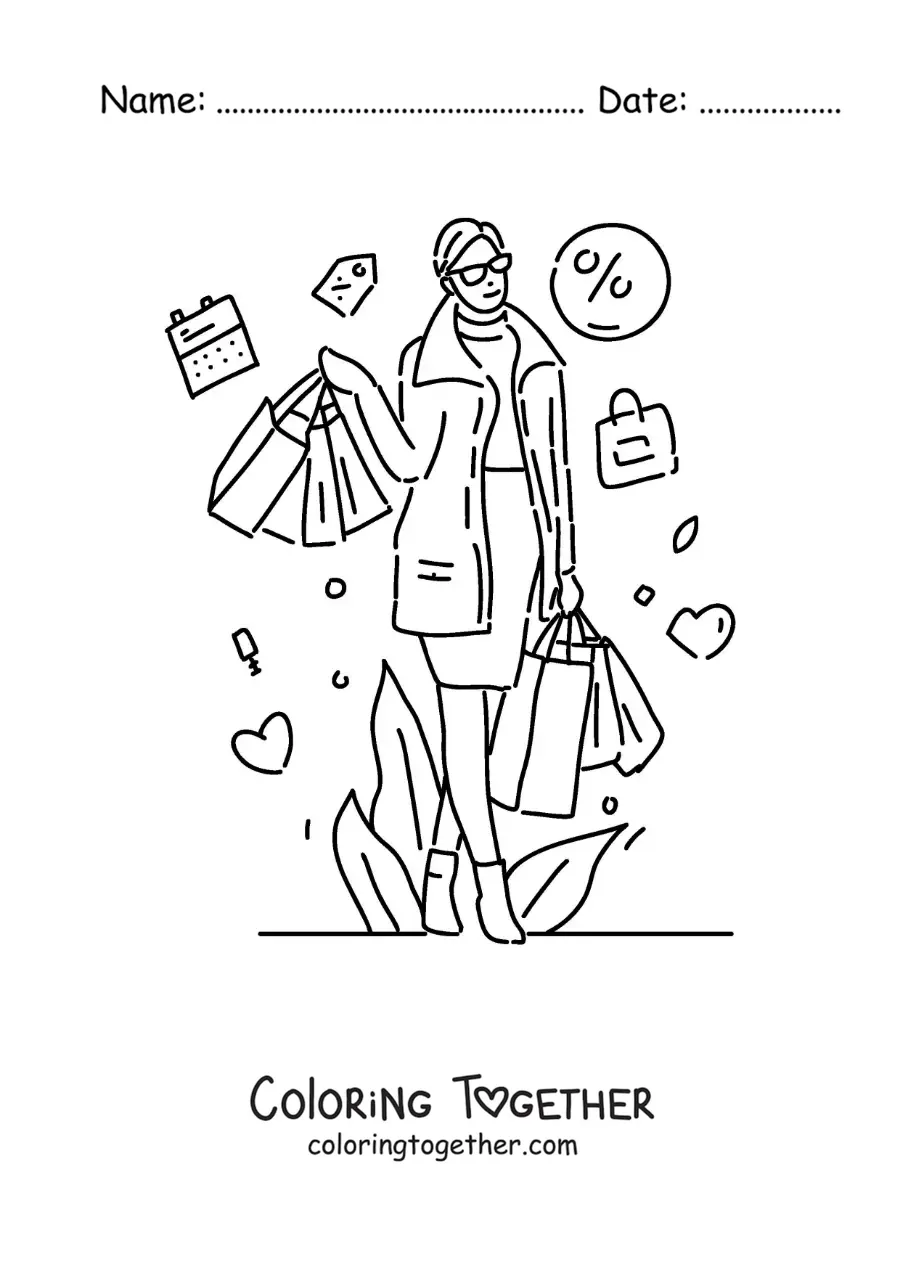 Coloring page of a woman shopping during the sales season